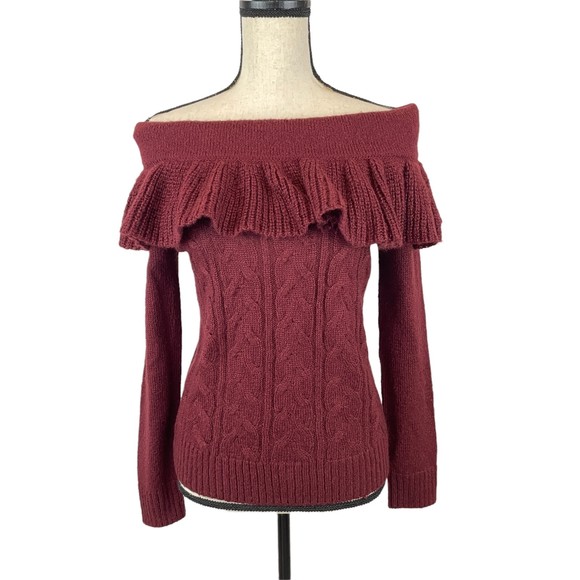 WAYF SHELDON OFF SHOULDER RUFFLE KNIT SWEATER IN RED TANNIN MEDIUM - Picture 2 of 9